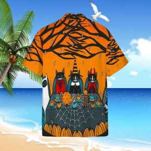 Happy Tea And Coffee Party Black Cats 3D Summer Button Design For Halloween Hawaii Shirt