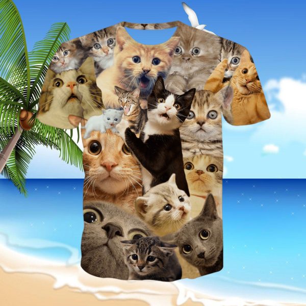 Men Shirts Fashion Casaul 3D Graphic Summer Short Sleeve Beach Fashion Relaxed fit Hawaiian Leisure Cat Printing T Shirt
