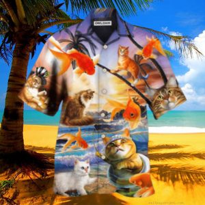 Cat Catchs Fish Style Hawaiian Shirt