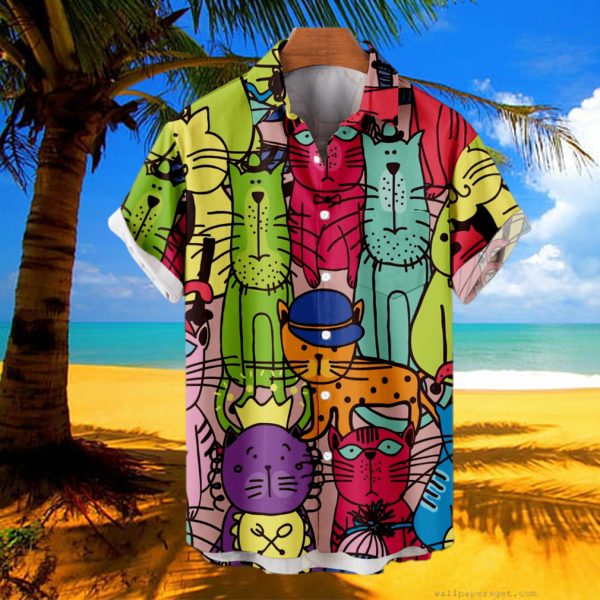 OBOSOE Big Men's Cute Cat Shirt Button Down Short Sleeve Vintage Beach Shirt