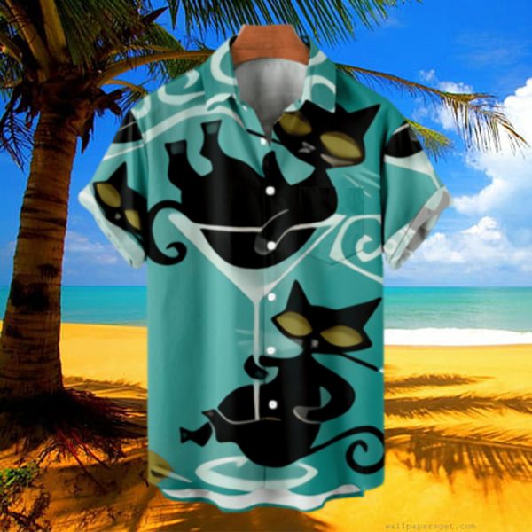 OBOSOE Men's Women's Cartoon Cat Hawaiian Aloha Beach Shirts Regular Collared Tees Party Bowling Shirts