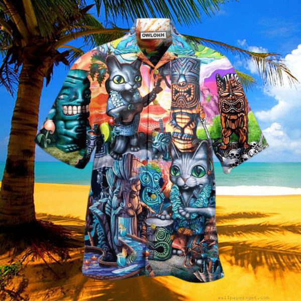 Tiki It's Time And Cat Hawaiian Shirt