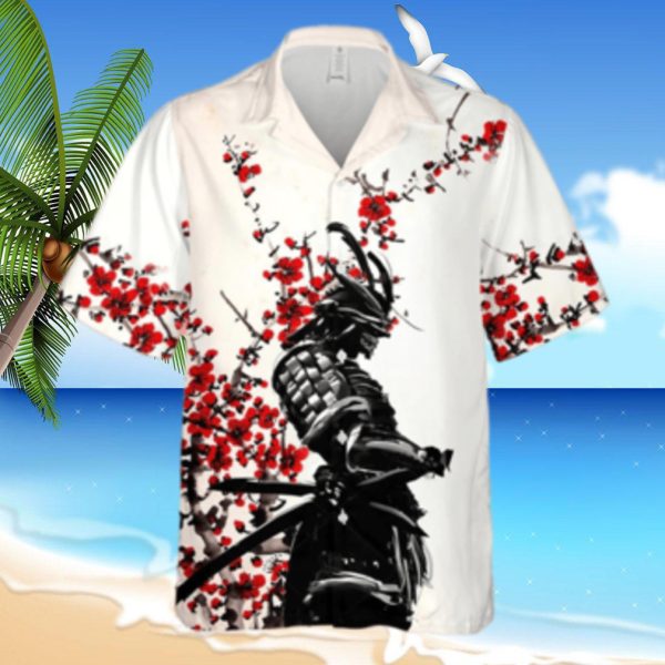 Samurai Warrior Red Flower Hawaiian Shirt