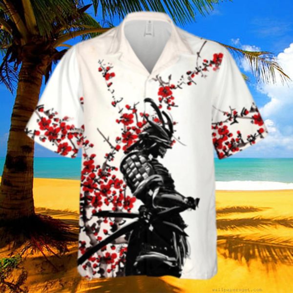 Samurai Warrior Red Flower Hawaiian Shirt