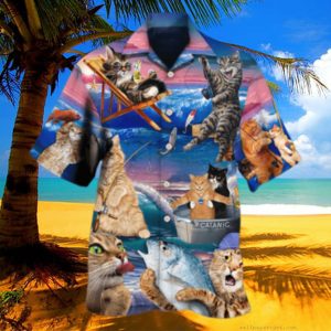 Fishing Cat Cute Beach Art Style Hawaiian Shirt