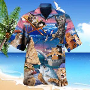 Fishing Cat Cute Beach Art Style Hawaiian Shirt