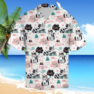 Cute Meow Cat Activities Of A Day Pattern, Cat Hawaiian Shirt