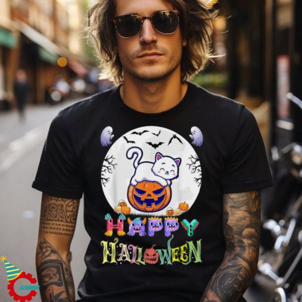 Happy Halloween Cute Cat With Pumpkin Shirt