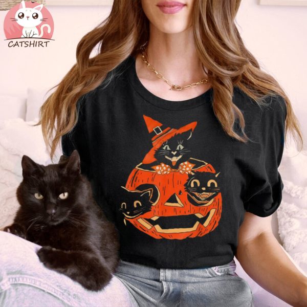 3 Cats Pumpkin Carved Jack O Lantern Cat Halloween Shirt