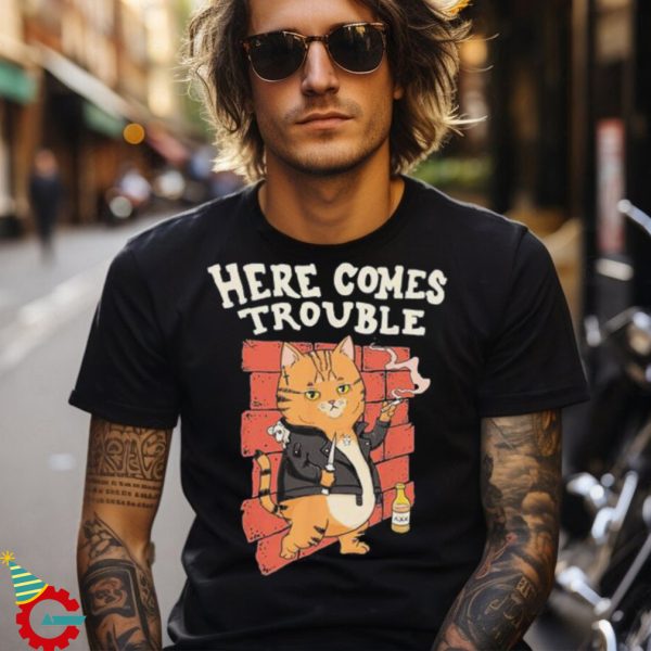 Sparky Here Comes Trouble Cat Printed T shirt