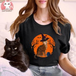 Bengal Cat Halloween Witch Hat And Moon Shirt