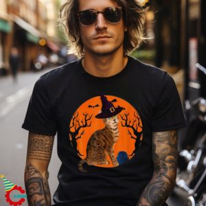 Bengal Cat Halloween Witch Hat And Moon Shirt