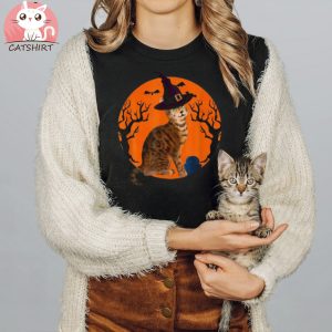 Bengal Cat Halloween Witch Hat And Moon Shirt