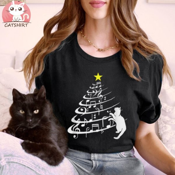 Black Cat Music Note Christmas Musician Feline Lover Shirt