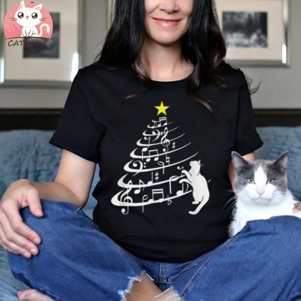 Black Cat Music Note Christmas Musician Feline Lover Shirt