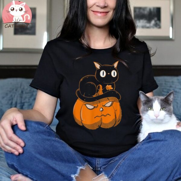 Black Cat On Pumpkin Halloween Cat Shirt