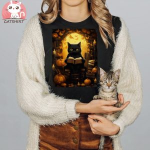 Black Cat Reading Books Pumpkin Autumn Teachers Halloween Shirt