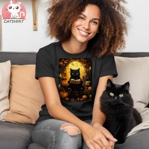 Black Cat Reading Books Pumpkin Autumn Teachers Halloween Shirt