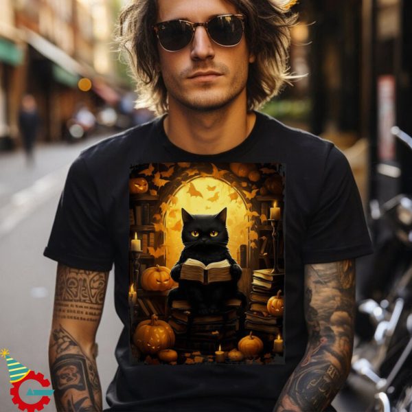 Black Cat Reading Books Pumpkin Autumn Teachers Halloween Shirt