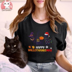 Black Cat Thanksgiving Happy Hallothanksmas Halloween Shirt