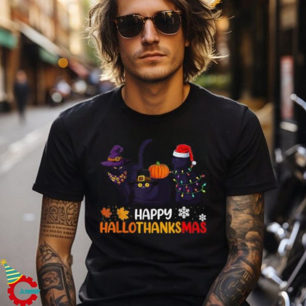 Black Cat Thanksgiving Happy Hallothanksmas Halloween Shirt