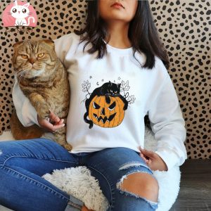 Black Cat on Pumpkin Sweatshirt Halloween Black Cat Design Unisex Sweatshirt