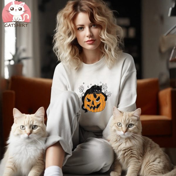 Black Cat on Pumpkin Sweatshirt Halloween Black Cat Design Unisex Sweatshirt