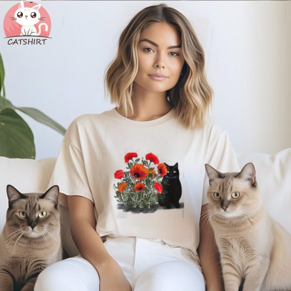 Black Cat with Poppies Dark Women's Comfort Colors® T Shirt