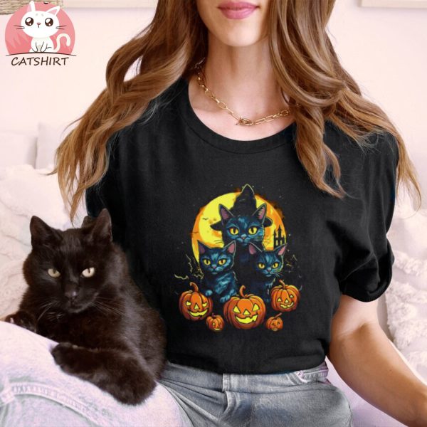 Black Cats Moon Pumpkin Funny Halloween Horror T shirt