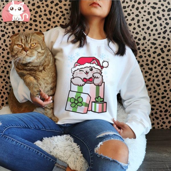 CUTE CHRISTMAS CAT LONG SLEEVE T SHIRT