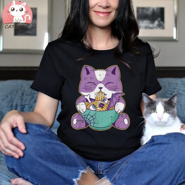 Cat Eating Ramen Halloween Kitten Lover Kitty Shirt