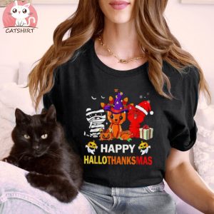 Cat Happy Hallothanksmas Halloween Thanksgiving Xmas Shirt