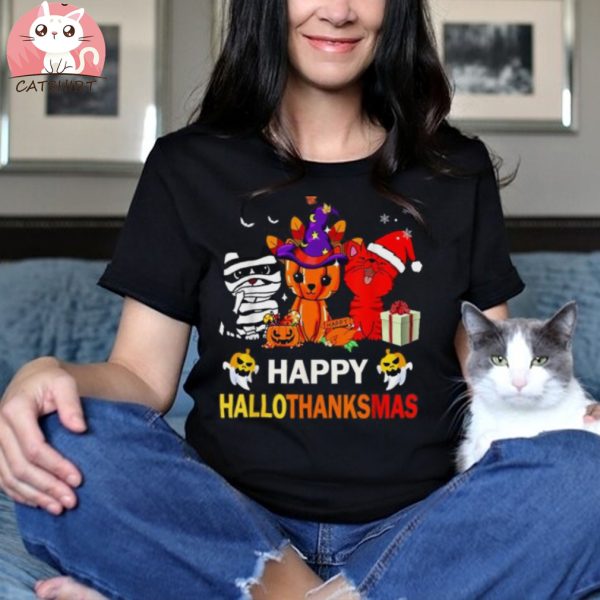 Cat Happy Hallothanksmas Halloween Thanksgiving Xmas Shirt