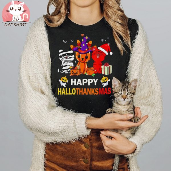 Cat Happy Hallothanksmas Halloween Thanksgiving Xmas Shirt