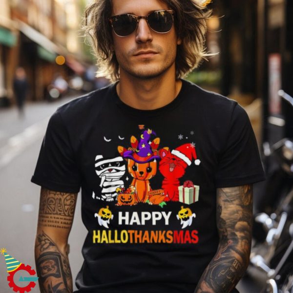 Cat Happy Hallothanksmas Halloween Thanksgiving Xmas Shirt