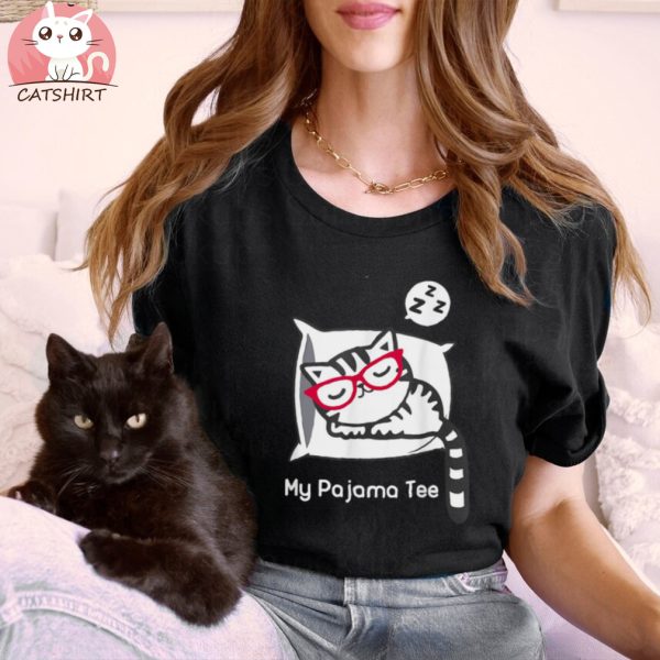 Cat Pajama Shirt Cute Sleeping Kitty With Glasses Shirt