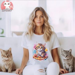 Cat Shirt For Women Pizza Cat T Shirt Design Colorful Funny Cute Cat Eating Pizza T Shirt