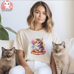 Cat Shirt For Women Pizza Cat T Shirt Design Colorful Funny Cute Cat Eating Pizza T Shirt