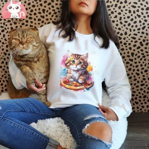 Cat Shirt For Women Pizza Cat T Shirt Design Colorful Funny Cute Cat Eating Pizza T Shirt