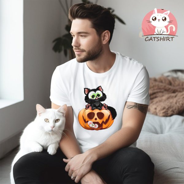 Cat Sitting On The Halloween Pumpkin For Kids Girls Women Shirt