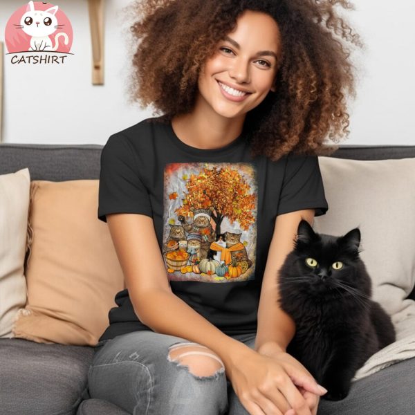 Cat Thanksgiving Pumpkin Autumn Halloween Cats Fall Leaves Shirt