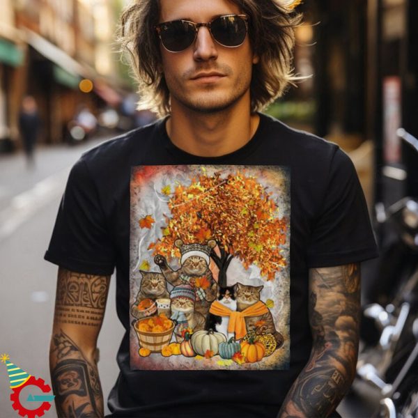 Cat Thanksgiving Pumpkin Autumn Halloween Cats Fall Leaves Shirt