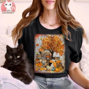 Cat Thanksgiving Pumpkin Autumn Halloween Cats Fall Leaves Shirt