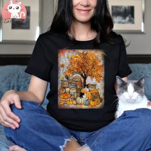 Cat Thanksgiving Pumpkin Autumn Halloween Cats Fall Leaves Shirt