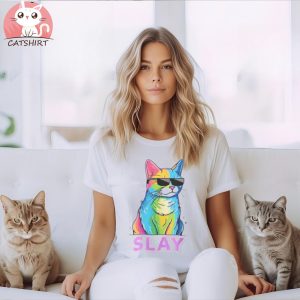 Comfort Plain White Funny Slay Rainbow Furry Cat, Cat Shirt