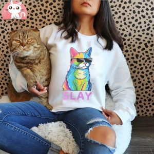 Comfort Plain White Funny Slay Rainbow Furry Cat, Cat Shirt