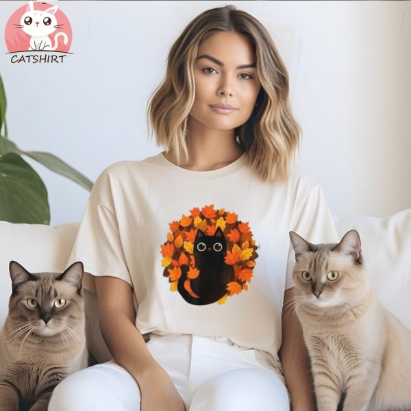 Cute Black Cat Autumn Leaves Season Thanksgiving Cat Lover Unisex Shirt