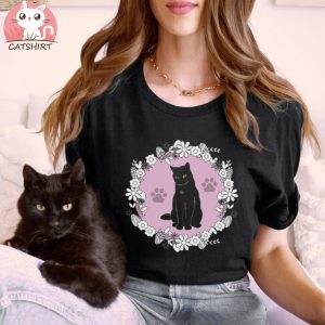 Cute Black Cat With Flowers T shirt