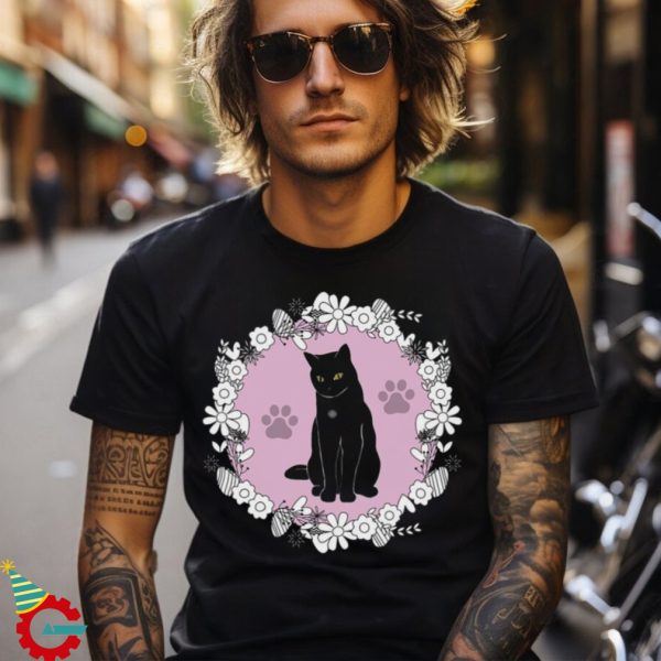 Cute Black Cat With Flowers T shirt