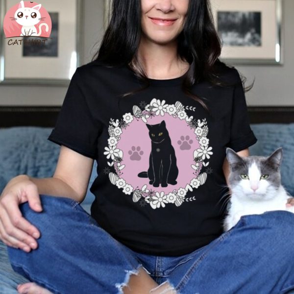 Cute Black Cat With Flowers T shirt